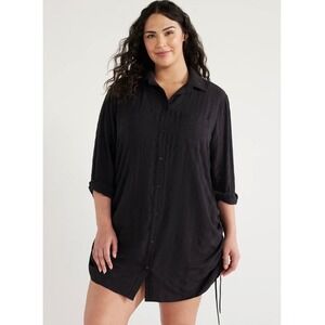 Time and Tru Black Ruched Side Tunic Shirt Dress Button Up Collared XL 16 18